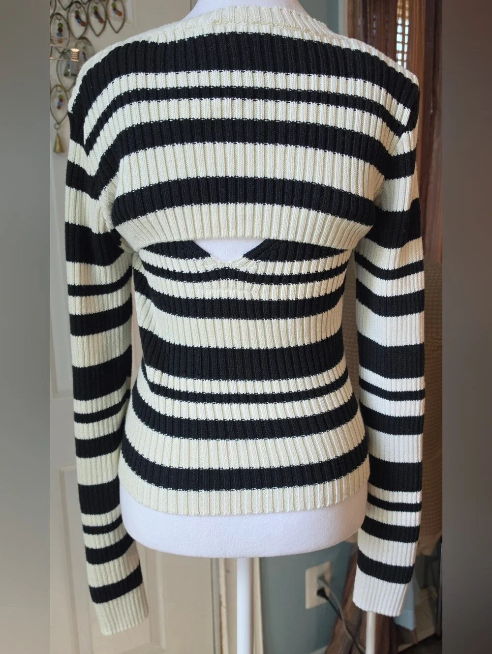 Maeve X Anthro Striped Sweater Shrug Set Womens M Black Cream Ribbed Cotton Blen